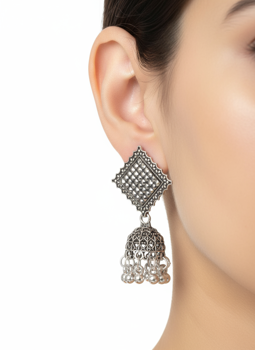 Oxidised Silver Square Jhumka Earrings – Trendy Ethnic Look