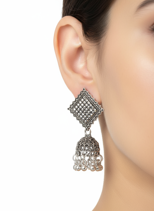 Oxidised Silver Square Jhumka Earrings – Trendy Ethnic Look